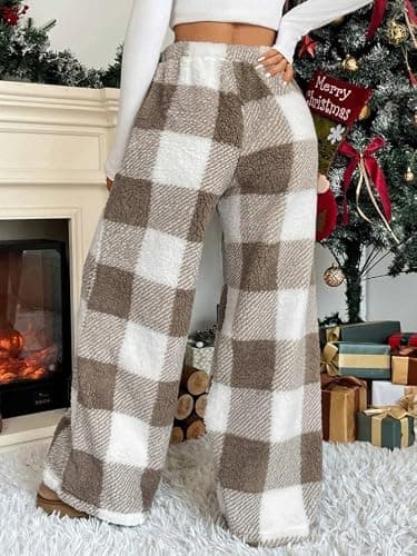 Flannel Pajama Pants for Women Plush Fuzzy Plaid Leopard Pjs Pant Furry | Flannel Pajama Pants for Women Plush Fuzzy Plaid Leopard Pjs Pant Furry Pajamas Bottom Sleep Pants thumbnail 6