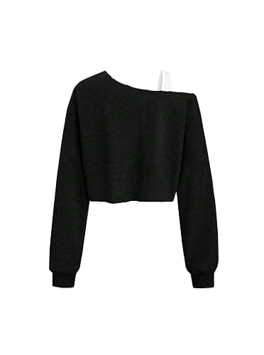 Remidoo Off The Shoulder Tops for Women Cropped Sweatshirt Long Sleeve Top Asymmetrical Patchwork Shirt thumbnail 2