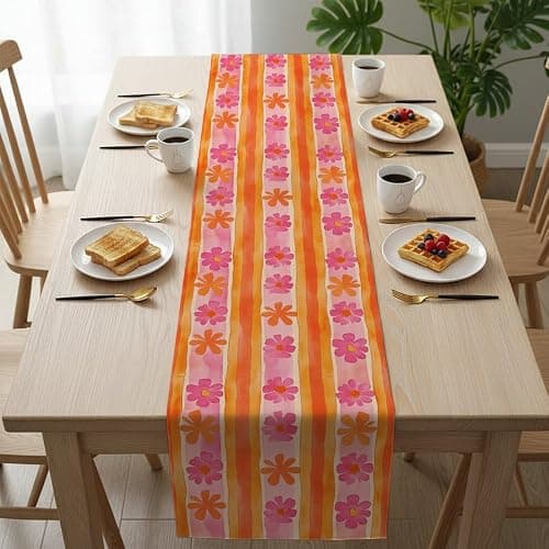 Pink Orange Stripes Floral Table Runner 72 Inches Long Linen Tabel Runner for Kithcen Table Decor Dining Room Decor for Home Kitchen Party Decorations Valentines Day Indoor Outdoor 13X72 Inch thumbnail 2