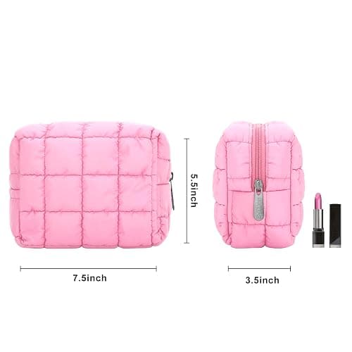 E-Tree Cute Makeup Bag,Quilted Cosmetic Bag for Women,Make up Pouch for Purse,Toiletry Zipper Pouch,Checkered Bag,Travel Case,Storage Pouches for Organization (Pink) thumbnail 3