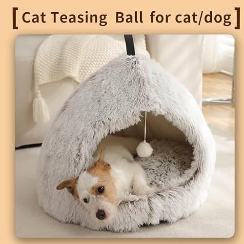 Hezotco Large Cat Cave Bed for Cats, Soft Fluff Indoor Dog Cave Bed& Cat Cave for Small Dogs. Pet Cave for Puppy with Cat Teasing Ball 22.8"*18.5"*22.8"(Coffee+White) thumbnail 2