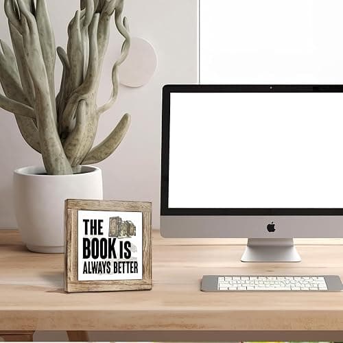 Reading Book Desk Sign, Inspirational Wooden Decor, The Book Is Always Better Sign, Freestanding Decor for Home Classroom Reading Corner, Farmhouse Wood Signs 5.9x5.9 Inches thumbnail 2