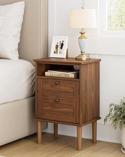 Apetaccat Nightstand, Boho Night Stand with 1 Drawer, Modern Side Accent Table with Open Shelf, Wooden Top Bedside End Table for Bedroom, Living Room, Walnut thumbnail 3