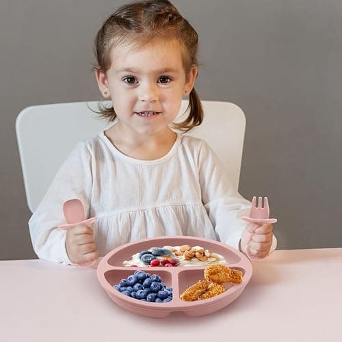 Eascrozn Silicone Feeding Set, 2 Pack Divided Toddler Plates with Suction, 2 Pack Utensils - Spoons & Forks, BPA Free, Baby Led Weaning Supplies thumbnail 2