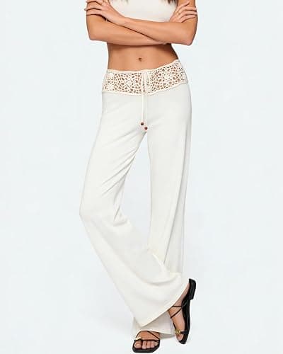 YANGCHA Women Summer Crochet Knit Pants Y2k Low Waist Drawstring Cover Up Pant Sexy Wide Leg Stretchy Hollow Out Beach Pants thumbnail 3