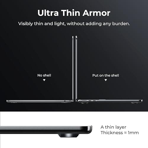 EooCoo [Ultra Thin Armor] Compatible with MacBook Air 15 inch Case M4 2025 2024 2023 M3 M2 A3241 A3114 A2941, [Matte Black Titanium] Matte Protective Hard Shell with Keyboard Skin, Black Titanium - Black Titanium Clear thumbnail 5