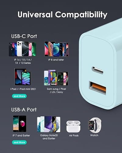 [4 Pack] USB C Charger Block Fast Charging Multiport Adpater [PD 20W USB-C & QC 3.0 USB-A Port] for i Phone 17/16/15/14/13/12/11/X/8, i Pad, Galaxy, Google, Galaxy & More [Blue] thumbnail 6