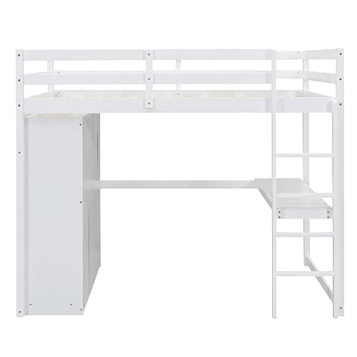 Harper & Bright Designs White Full Size Loft Bed with Desk & Wardrobe, Solid Wood Kids Loft Bedframe w/3 Storage Drawers & 2 Shelves, Maximum Space Design, for Bedroom, Dorm thumbnail 8