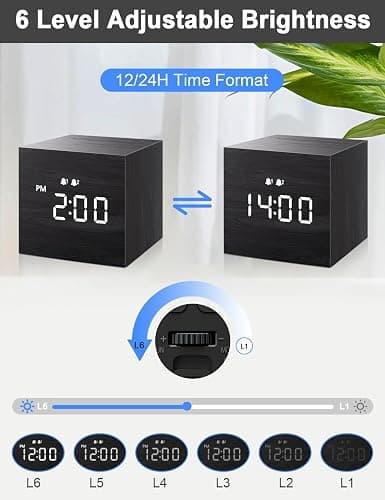 JALL Digital Alarm Clock, with Wooden Electronic LED Time Display, Dual Alarm, 2.5-inch Cubic Small Mini Wood Made Electric Clocks for Bedroom, Bedside, Desk, Black thumbnail 5