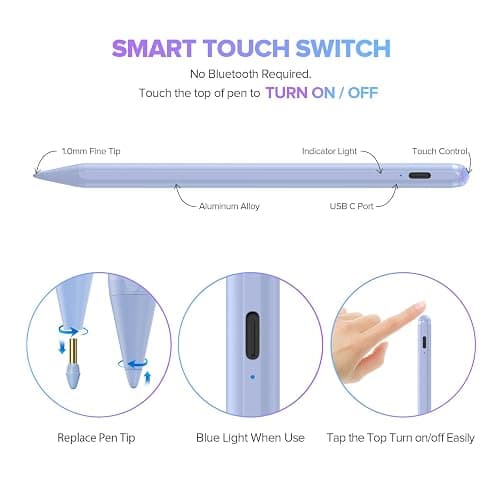 Stylus Pen for iPad 6th-11th Generation-2X Fast Charge Active Pencil Compatible with 2018-2025 Apple iPad Pro 11"/12.9"/M4, iPad Air 3/4/5/M2/M3,iPad mini 5/6 Gen-Purple thumbnail 5