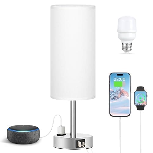 Fenmzee White Touch Bedroom Table Lamp - 3 Way Dimmable Bedside Lamp USB C A Charging Ports and AC Outlet, Small Lamp Nightstand with Silver Base for Living Room, Office Desk, LED Bulb Included thumbnail 6