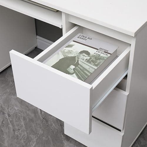 LSBIKE White Desk with 6 Drawers High Gloss Computer Desk Table Dressing Table with Drawers Home Office Writing Study Standing Desk with Storage Drawer 120x50x70cm (White) thumbnail 6