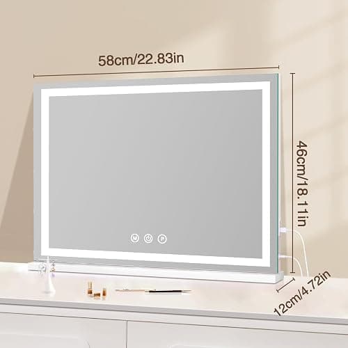 Large Lighted Vanity Mirror, 23" x 19" Light Up Make up Mirror with Smart Touch 3 Colors Dimmable, Tabletop or Wall-Mounted, Memory Function thumbnail 2