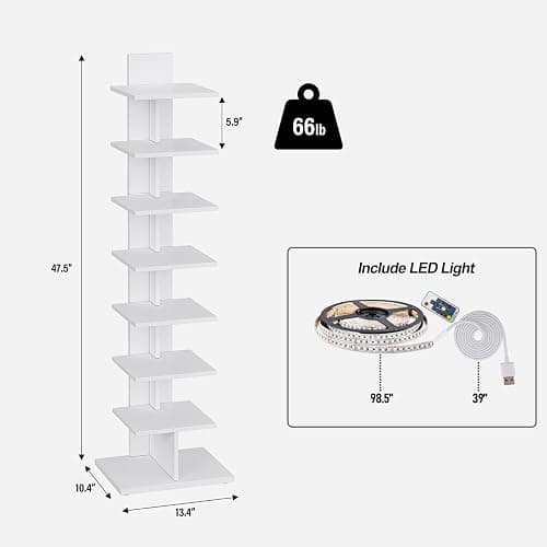 TUTOTAK Narrow Bookshelf, 8-Tier Bookcase with LED Lights, Spine Book Shelf for Small Space, Corner Standing Shelf for Living Room, Office, Study, Entryway, White BS06BW008L thumbnail 2