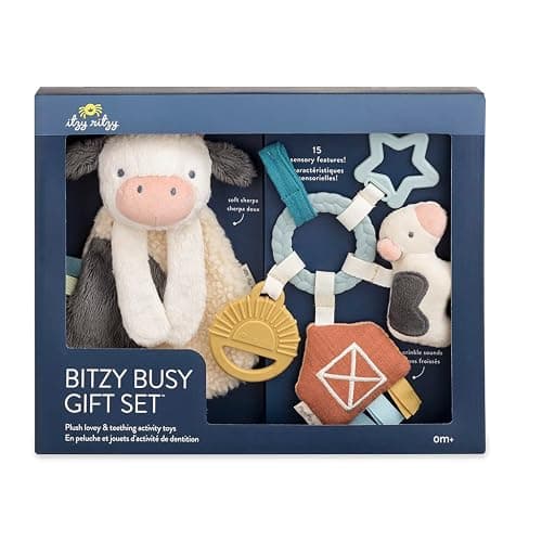 Itzy Ritzy Farm Toy Gift Set - Includes Cow Lovey & Farm-Themed Busy Ring Car Seat and Stroller Toy - Features Crinkle Sounds, Engaging Textures & Silicone Teething Relief (Farm) - Image 1