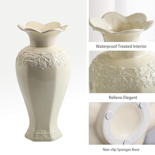 Seasonsplan Relievo Elegant White Cream 8in 11in Ceramic Flower Tall Aesthetic Beige Table Tulip Wide Mouth Rose Filler Decorative Rustic Vase Decor for Home (Cream Vase, L) thumbnail 3