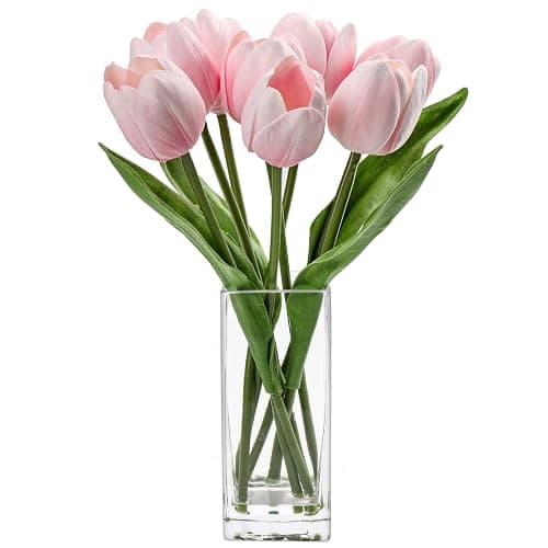 Briful Fake Flowers Artificial Tulip Flower Pink in Clear Vase, Real Touch Foam Tulip Arrangement Suitable for Home Office Decoration, Dining Table Centerpiece - Image 1