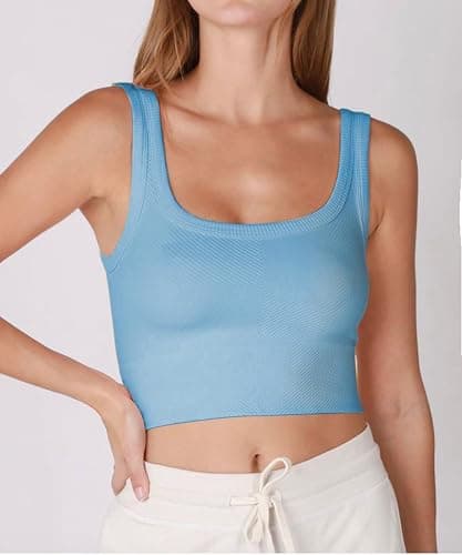 CHYRII Womens Summer Square Neck Going Out Tops Ribbed Basic Tank Crop Workout Tops thumbnail 3