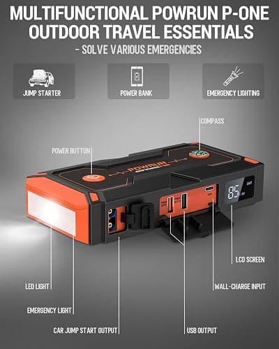 Powrun P-ONE Jump Starter, 2000A Portable Jump Box - Car Jump Starter Battery Pack for up to 8.0L Gas and 6.5L Diesel Engines, 12V Battery Jump Starter with Carry Case (Orange) thumbnail 6