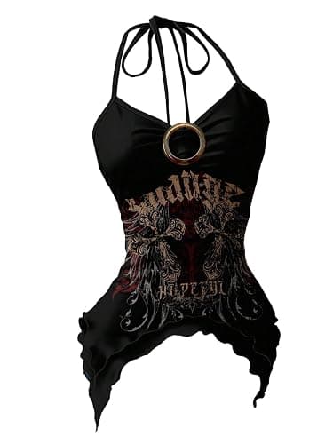 SweatyRocks Women's Gothic Graphic Halter Crop Tops Y2k Sleeveless Shirts Grunge Music Festival Concert Outfit - Image 1