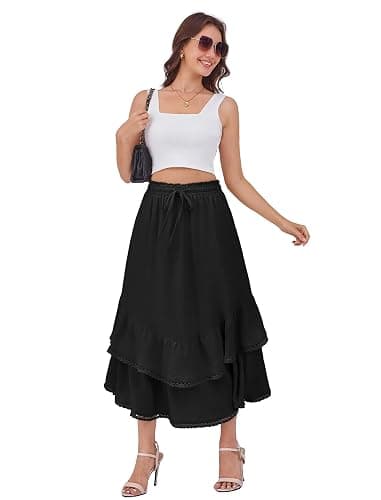 HUSKARY Maxi Skirts for Women Summer Fall High Waist Drawstring Long Skirt Ruffle Layered Medieval Skirts with Pockets thumbnail 9