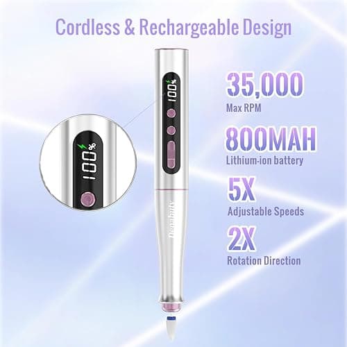 Denabuty Cordless Electric Nail Drill Machine, 13 in 1 Nail File Kit 35000RPM Professional Portable Rechargeable E File for Acrylic Polish Gel Removal Manicure Pedicure Set with 5 Speeds DN-2402 thumbnail 2