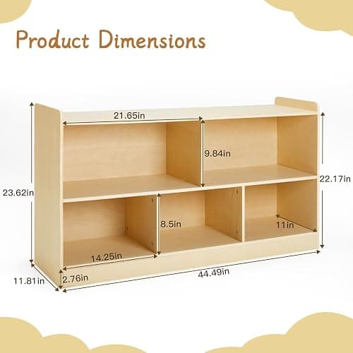 PTINFLUCE Montessori Shelf, Wooden Toy Storage Organizer for Books Toys, 2 Shelf Bookcase, 5-Section Storage Cabinet, Toddler Book Shelf for Kids Rooms, Playroom, Nursery, Kindergarten (Natural) thumbnail 2
