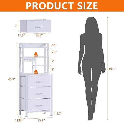 Furnulem Tall Nightstand with LED Lights and 3 Tier Shelves, Night Stand with 3 Fabric Drawers, 45.3inch Tall Bedside Tables with USB Ports and Outlets in Bedroom, Dorm, Office (White) thumbnail 3