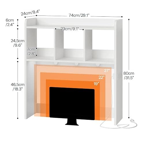 HOOBRO Desktop Bookshelf, Office Desktop Shelf, Desk Hutch with Outlets, Wooden Office Desktop Bookcase, Desktop Organizer Shelf with LED Light Strip and 3 Hooks, for Home, Study, White WT12UDSJ01 thumbnail 2