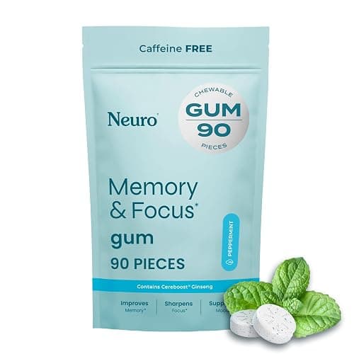 Neuro Memory & Focus Gum - Nootropic Gum with Vitamin B12, Vitamin B6, L-Theanine & Ginseng Extract - Natural Brain Support Supplement - Vegan, Caffeine & Sugar Free Chews - Peppermint, 90 ct - Image 1