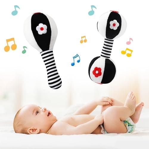 JoyLife Jouets D'éveil Bebe 0 3 6 12 Mois, Noirs et blancs Jouet de Peluche Hochets Haltère Cadeau pour Bebe Garçon Fille, Voyage Douce Jouets en Peluche avec des sons pour Nouveau-né cadeaux thumbnail 8