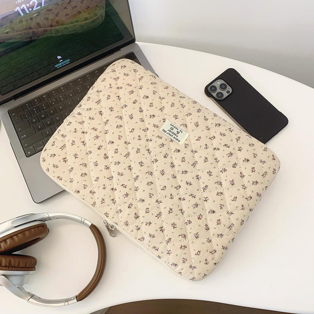 Puffy Laptop Sleeve Cute Computer Bag Case, 13 Inch Flower Quilted Laptop Carrying Cases, Floral Pattern Protective Cover Acc thumbnail 4