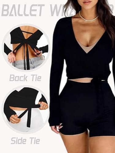 Danysu Ballet Wrap Tops Long Sleeve Cross Tie Crop Shirts Deep V-Neck Dance Clothes Fall Cardigans thumbnail 3