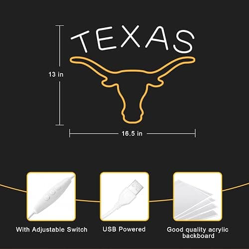 TEXAS Longhorn Neon Sign for Wall Decor -Adjustable Brightness LED Bull Neon Light Signs, Cow Neon Signs - USB Powered Hanging Neon Sign for Game Room, Man Cave, Bar thumbnail 3