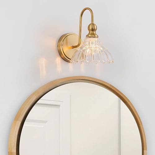 BrkNit Vintage Bathroom Light Fixtures Over Mirror, 1-Light Brass Wall Sconce Lighting with Flower Glass Shade, Farmhouse Vanity Lights for Bedroom Kitchen Living Room Hallway Light thumbnail 9