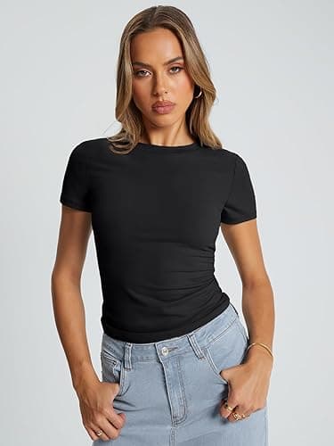 Trendy Queen Womens Basic T Shirts Summer Tops 2025 Crop Short Sleeve Slim Fit Tee Cute Gym Workout Clothes - Medium - Black thumbnail 2