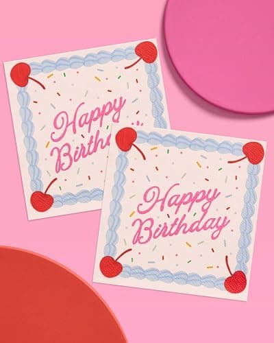 xo, Fetti Happy Birthday Napkins - 25 Paper Napkins | Birthday Decorations, Cake, Rainbow Sprinkles, Cherry, Icing, Party, Tablescape, Dessert thumbnail 8