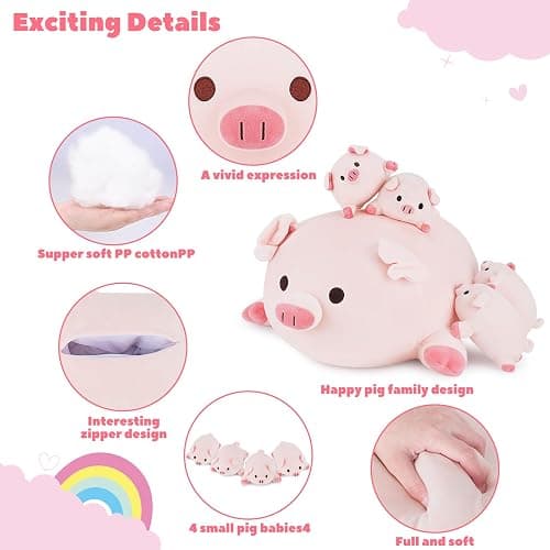Achwishap 5PCS Pig Family,Pig Stuffed Animal Mommy with 4 Pig Babies Plush,Cute Pig Plush Pillow Cushion Doll,Kawaii Pig Plush Toy Hugging Pillow for Kid Birthday Gift Adult Valentines(16” Pig Family) thumbnail 8
