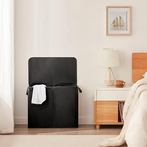 Lifewit Double Laundry Hamper with Lid and Removable Laundry Bags, Large Collapsible 2 Dividers Dirty Clothes Basket with Handles for Bedroom, Laundry Room, Closet, Bathroom, College, 136L Black thumbnail 8