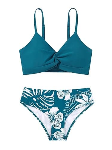 ESHOO Girls Swimsuits Tankini Bathing Suit 2 Piece Bikini Sets Girls Criss Cross Swimwear with Chest Pad for 9-16 Years - 9-10 Years - Peacock Blue-floral
