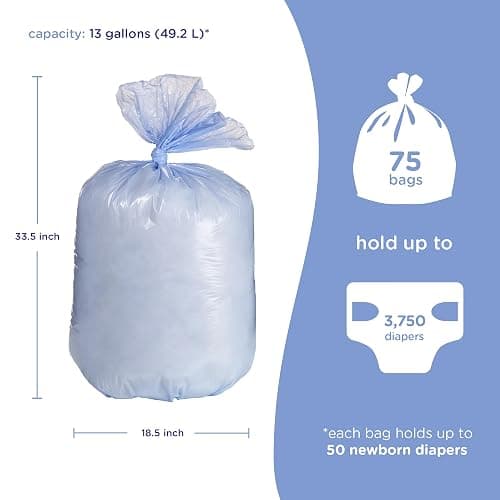 Ubbi Diaper Pail Plastic Bags, 13-Gallon Capacity, 3 Pack, 75 Count | Disposable Baby Waste Bags, Made from 50% Recycled Material, Each Bag Holds Up To 50 Newborn Diapers thumbnail 3