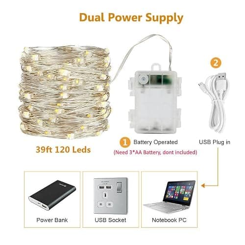 USB and Battery Operated Fairy Lights, 39Ft 120 LED Color Changing Fairy Lights with Remote and Timer, Battery Powered Twinkle String Lights for Bedroom, Party, Indoor Christmas Party Halloween Decor thumbnail 2