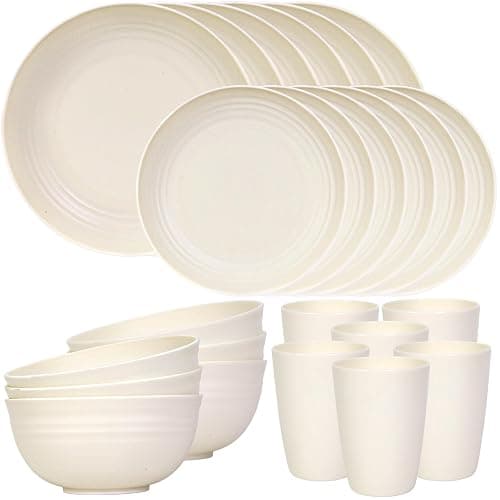 Quatish 24 Piece Plates and Bowls Sets for 6, Unbreakable Dinnerware Sets, Plastic Dish Set for Camping, Dishwasher Microwave Safe, Outdoor Kitchen and Apartment Dinning RV Essentials, Beige - Image 1