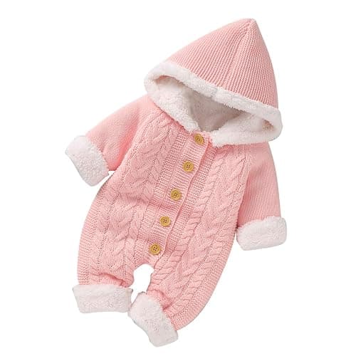 Haokaini Neugeborene Baby Kapuze Strick Strampler Fleece Pullover Wärmer Schneeanzug Overall Overalls Onesies Baby Winter Oberbekleidung für Jungen Mädchen - 3-6 Monate - Rosa thumbnail 5