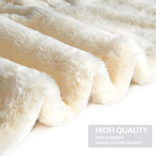 PTQ Premium Heated Throw Blanket 50"×60" - Ultra Cosy Soft Electric Blanket with 8 Heating Levels,Plush Fast Heating Faux Fur Blanket for Bed & Couch - Auto Shut Off,Machine Washable Blanket (Beige) thumbnail 8