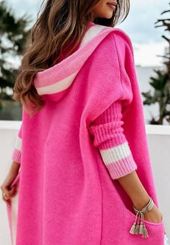 chouyatou Women's Color Block Vertical Striped Open Front Oversized Hooded Long Cardigan Sweaters with Pockets thumbnail 2