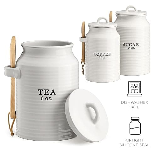 Barnyard Designs Canister Set for Kitchen Counter, Coffee Tea Sugar Container Ceramic Set, Decorative Canisters, Rustic Farmhouse Canister Jars, White (Coffee/Sugar/Tea) thumbnail 4