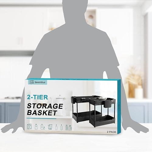 Sevenblue 2 Pack Under Sink Organizer, Under Bathroom Cabinet Organizer with Hooks Hanging Cup, Multi-Purpose Storage Shelf for Kitchen Bathroom, Black thumbnail 7