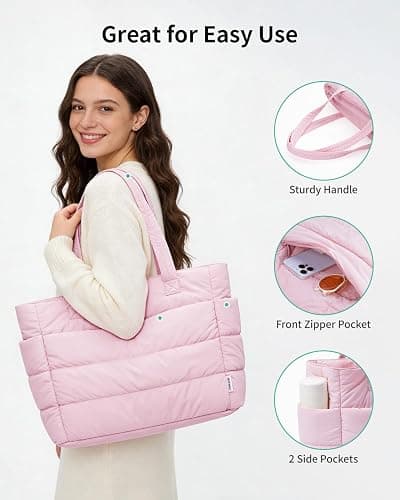 Narwey Nylon Puffer Tote Bag for Women, Quilted Work Nurse Teacher Tote Bag | Lightweight, Puffy, Aesthetic, Trendy, 15.6 Laptop Sleeve, 40oz Tumble holder, Shoulder Bag for Travel, Gym, Holiday Gifts thumbnail 7