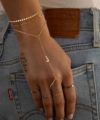 Ascona Initial Hand Chain Bracelet for Women-14K Gold Plated Ring Bracelet Hand Chain for Women Trendy,Dainty Letter A-Z Link Charm Stack Bracelets Set Jewelry Gifts - Image 1